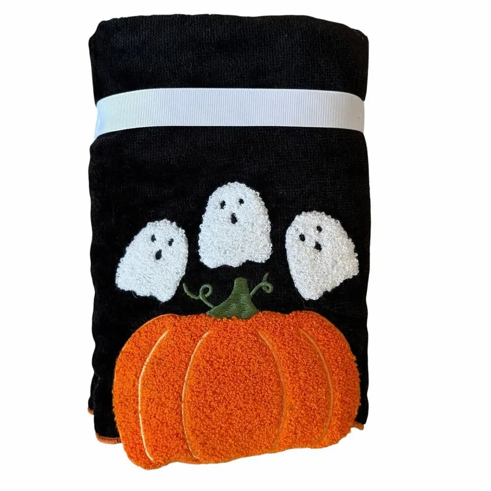 Kassadecor Embroidered Halloween Hand Towel Set of 2 Plush Pumpkins Ghost NEW